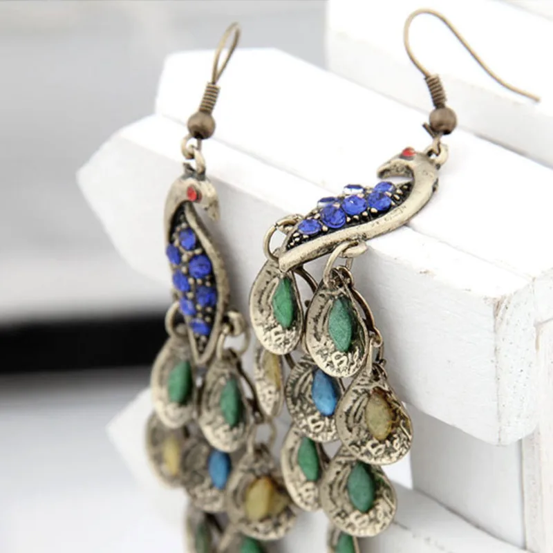 Turbosun Vintage Peacock Pendant Earrings Crystal Rhinestone Metal Fringe Long Women Fashion Jewelry Accessories | Украшения и
