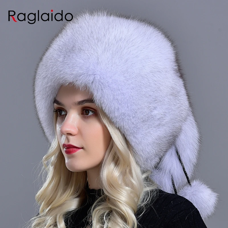 Зимняя шапка Raglaido из натурального меха женские шапки с 5 шариками лисьего