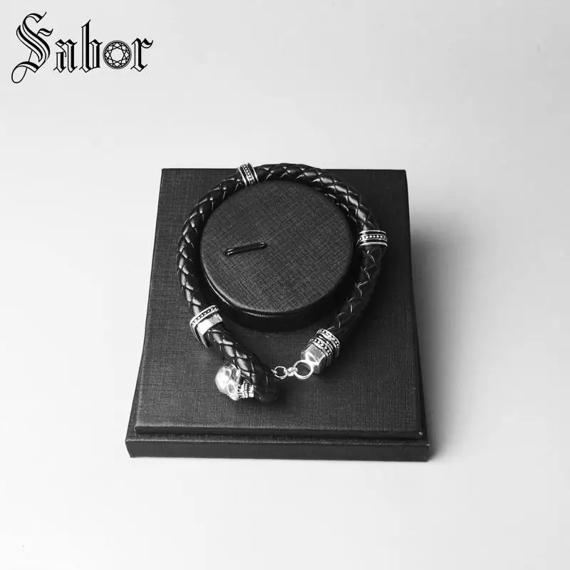 Браслет из плетеной кожи с черепом и тумблером новинка Серебряное ювелирное