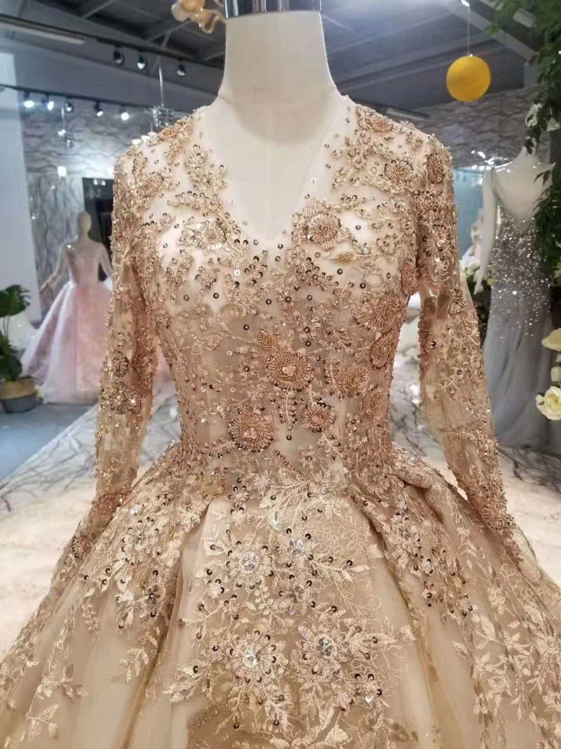 LSS219 golden lace wedding dresses 2020 champagne v-neck long sleeves up back party dress with shiny royal train | Свадьбы и