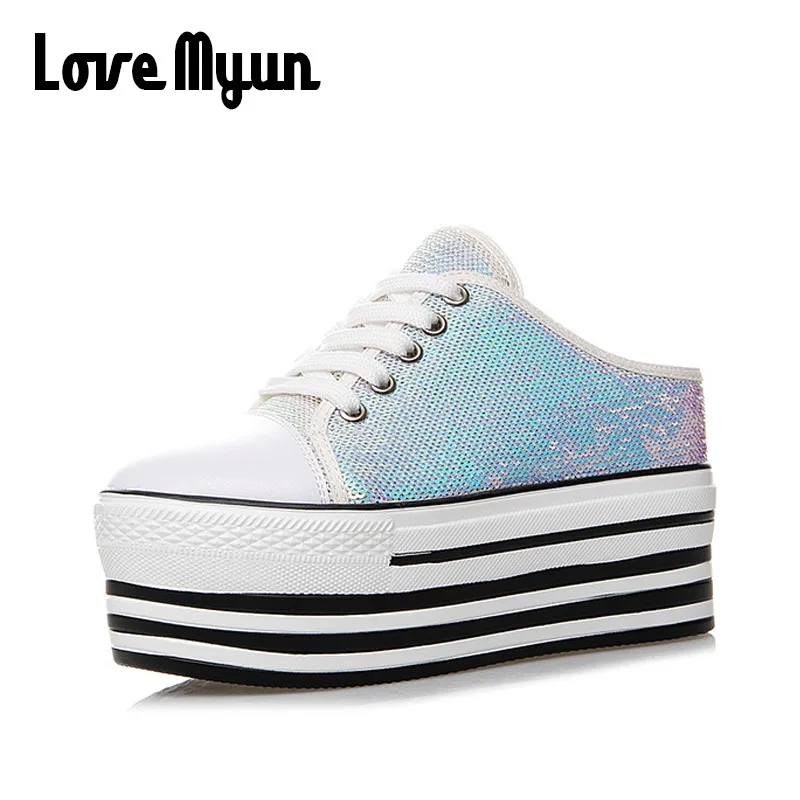 Женские холщовые туфли Вулканизированная подошва на танкетке шнуровке дышащие