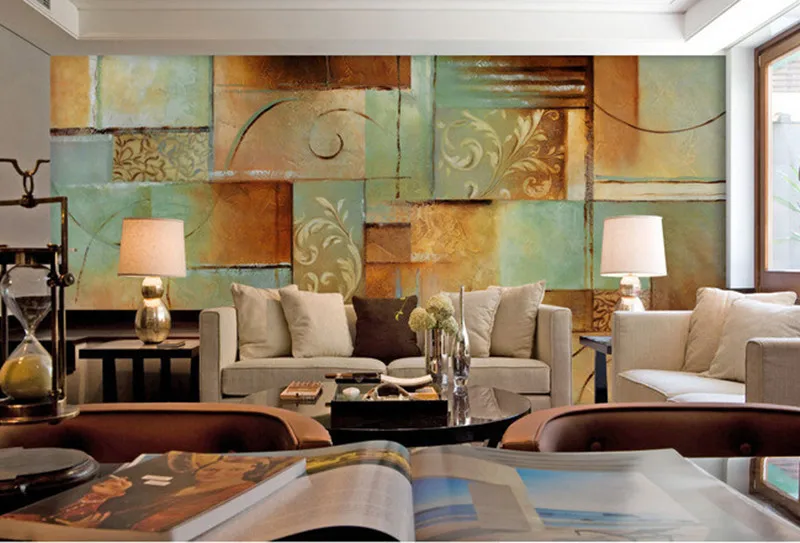 

Custom art abstract murals,Yellow blue block oil painting modern wallpaper design, living room TV wall bedroom papel de parede