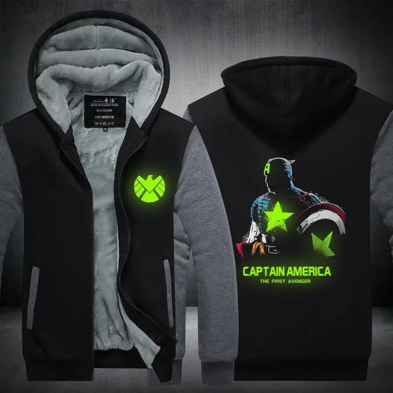 Captain America Costume 2018 Double pile and thick zipper hooded Sweatshirts luminous Jackets for men women | Тематическая одежда