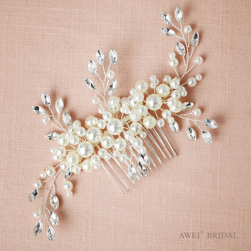 AWEI Серебряная Свадьба Цветочный Кристалл Ювелирные Изделия Волос Гребень с