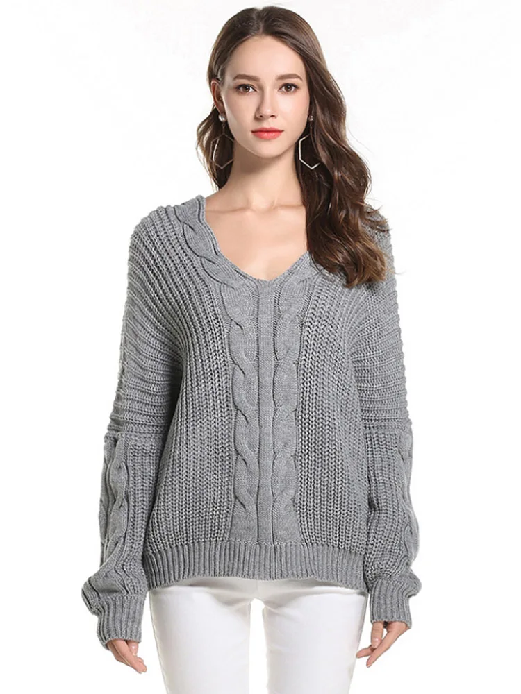 2019 Autumn Winter New Sweater European American Women's V-neck Fashion Solid Color Twisted Loose Pullover Sweaters Female M061 | Женская