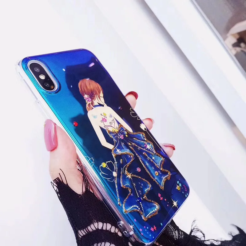 Красивая юбка для девочек чехол телефона Foir iphoneX 8 plus ювелирная синий луч мягкий