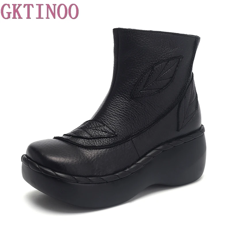 GKTINOO/женские ботинки из натуральной кожи; коллекция года; сезон весна-осень; модные Прошитые ботинки на толстой подошве 6 см; женские ботильоны на платформе
