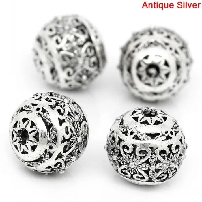 DoreenBeads Copper Spacer Beads Round Silver Color Hollow Flower Pattern Carved 11mm x 10mm Hole:Approx 1.5mm 10PCs | Украшения и
