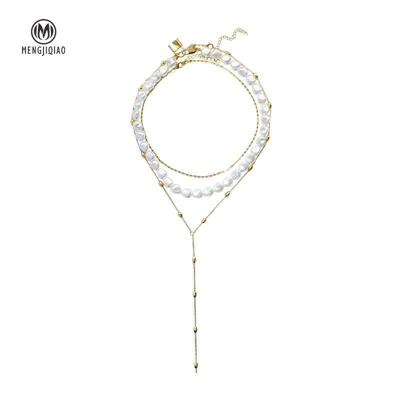 

MENGJIQIAO 2019 New Elegant Baroque Multilayer Simulated Pearl Choker Metal Lock Necklace Women Fashion Jewelry Accessories