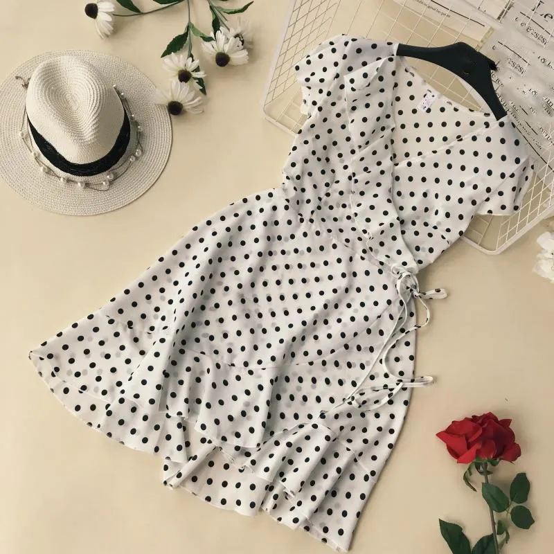 Fashion 2019 Women Polka Dot Dress Ruffled Trim Summer Chiffon Chic Cross Lacing Up V-Collar Mini | Женская одежда