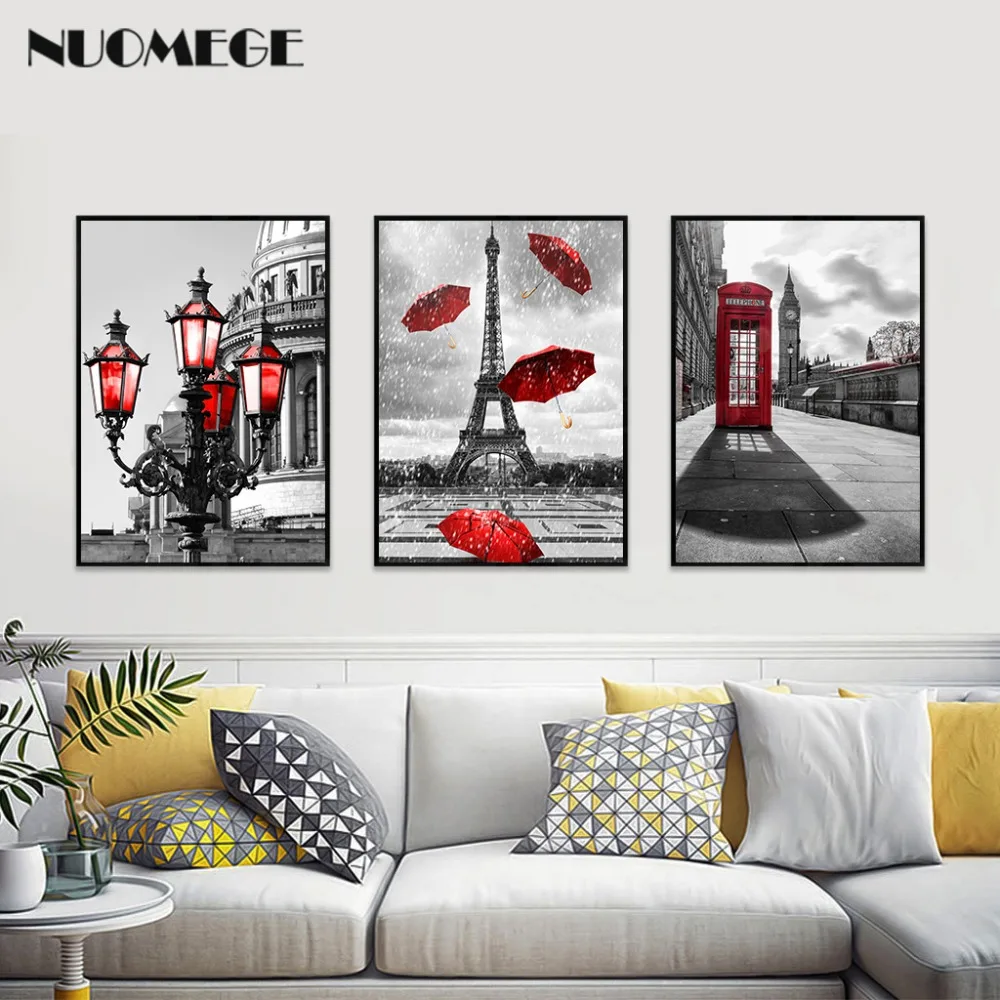 

Black and White Tower Red Umbrella Canvas Painting Paris Street Wall Art Poster Prints Decorative Picture for Living Home