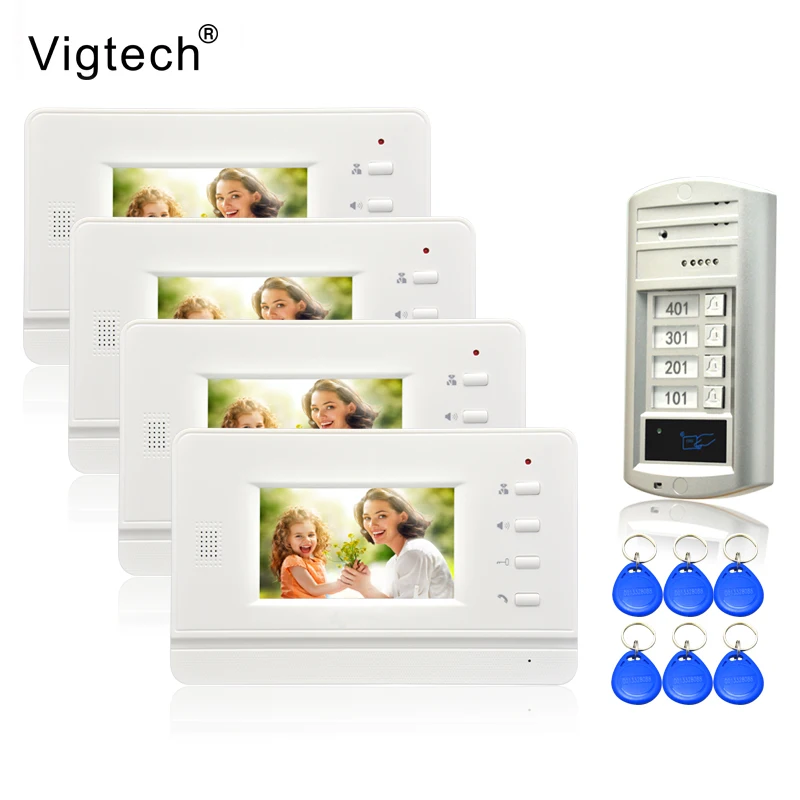 Vigtech 4,3 ''цветной видео телефон двери 4 монитора с 1 домофон дверной звонок может управлять 4 дома для мульти квартиры RFID камеры