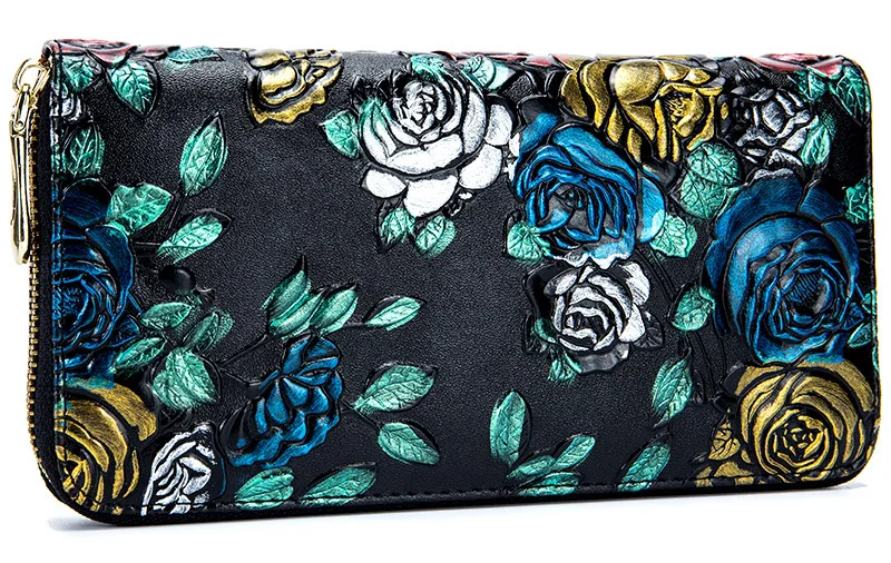 Женский Длинный кошелек, натуральная кожа, 3D тиснение, роза, стрекоза, Бабочка, женский клатч, большая вместительность, Женский кошелек на молнии