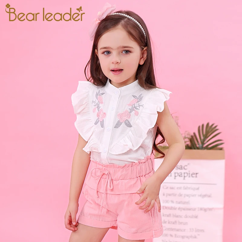 Bear Leader/комплекты для девочек г. Новая детская одежда рубашка без рукавов+ белые штаны Одежда для маленьких девочек из 2 предметов модные костюмы для девочек