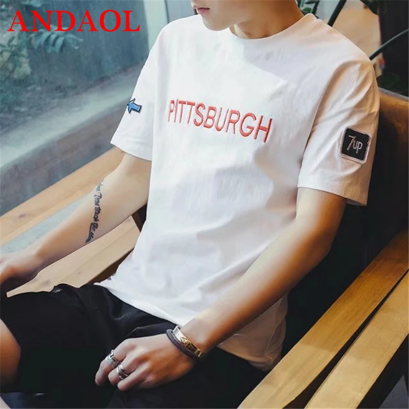 

ANDAOL Men's Casual T-Shirts Top Quality Print Letter O-Neck Cotton Slim Tee shirt Fashion simple campus Short Funny T Shirt