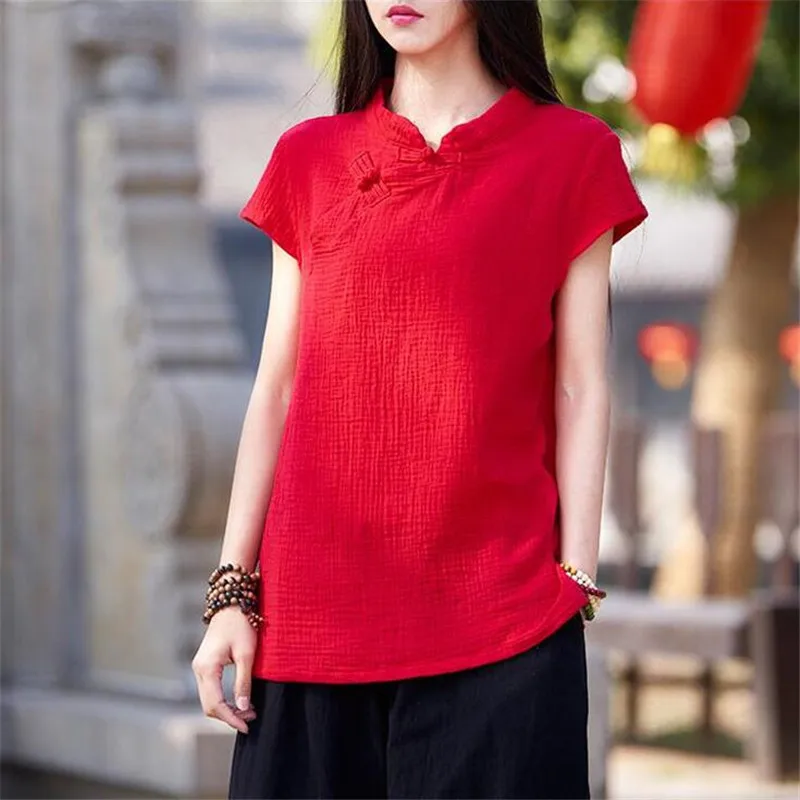 Женские блузки летние с коротким рукавом из хлопка и льна свободные Blusa Feminina топы Модные однотонные рубашки