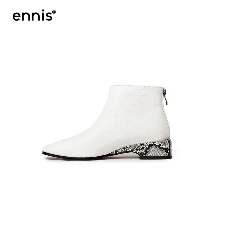 White ENNIS/ г. Осенняя Дамская змеиная обувь женские ботинки из натуральной кожи на низком каблуке черные ботильоны белая модная повседневная обувь Новинка A9110 - Цвет: White