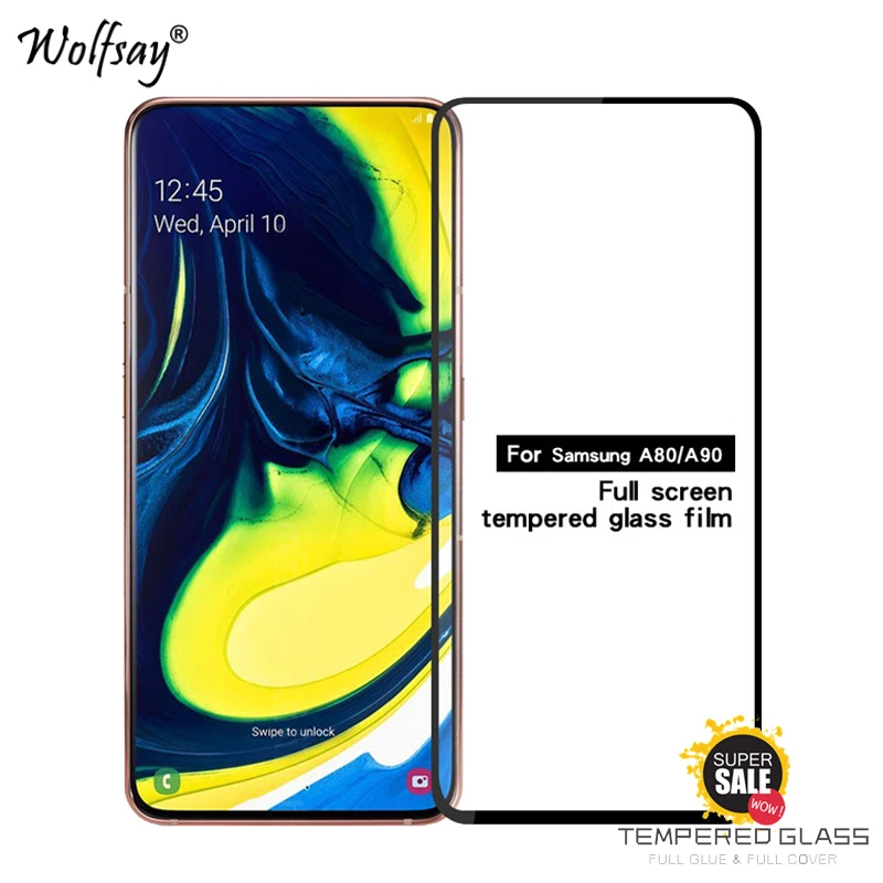 Protector de pantalla de vidrio templado para Samsung Galaxy A80, pel&iacute;cula de pegamento completo para Samsung Galaxy A80, 2 unidades-0