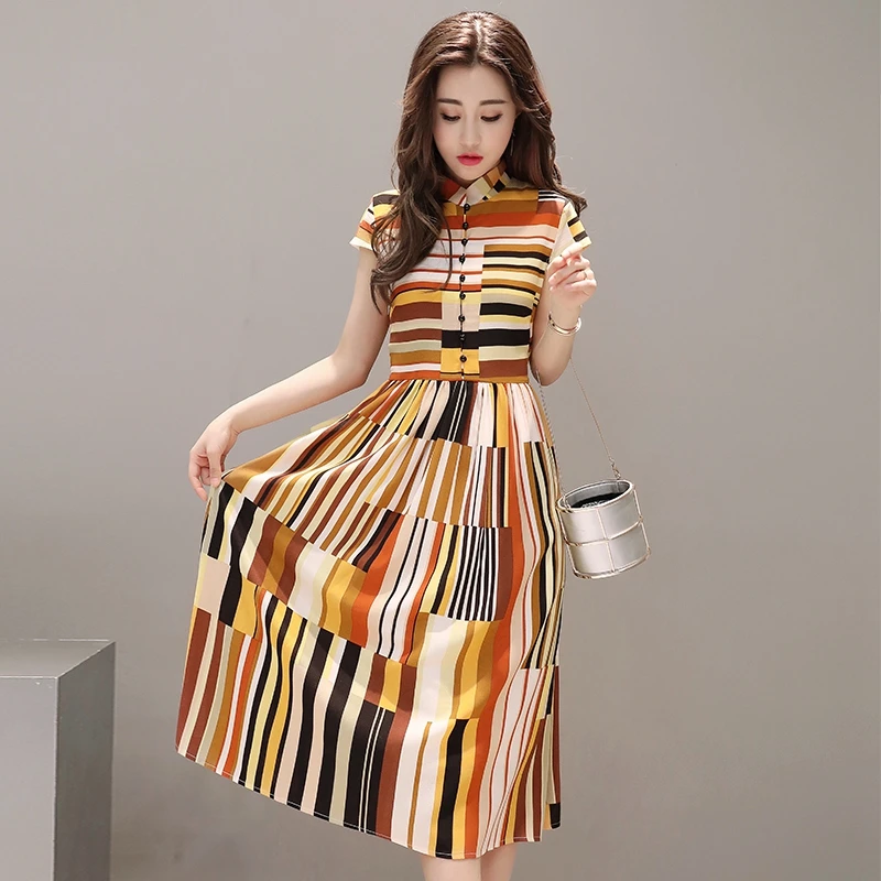 Модное женское платье летнее новое тонкое с коротким рукавом в полоску Vestido со