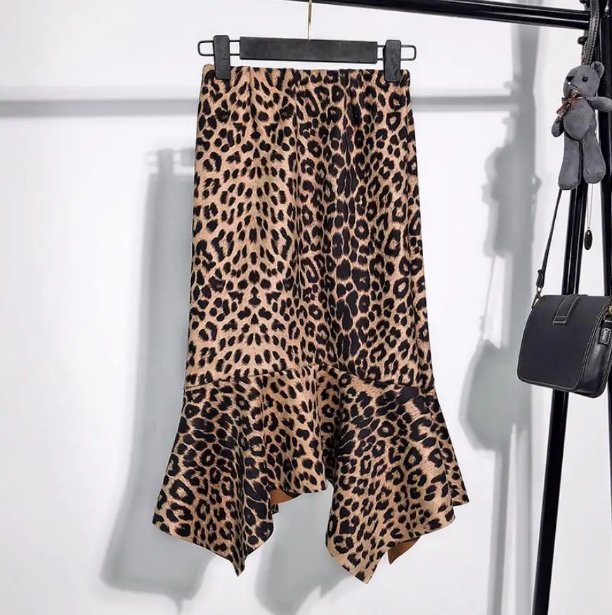 

2019 New Arrival Fashion Women Casual Leopard Print Irregular Ruffle Midi Skirt Q244