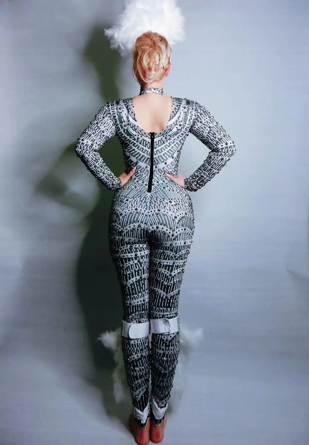 Эластичный комбинезон с длинным рукавом черный серый стразы Облегающий леггинсы