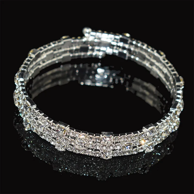 3 rows of silver Роскошный 7 цветов Кристальный браслет женский золотой/серебряный браслет невесты Стразы растягивающийся браслет вечерние подружки невесты подарок ювелирные изделия - Окраска металла: 3 rows of silver