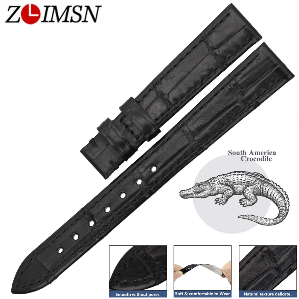 ZLIMSN  High Quality Genuine Alligator Watch Strap Band Black Crocodile Leather Watchband Bracelet For OMEGA 14-24mm