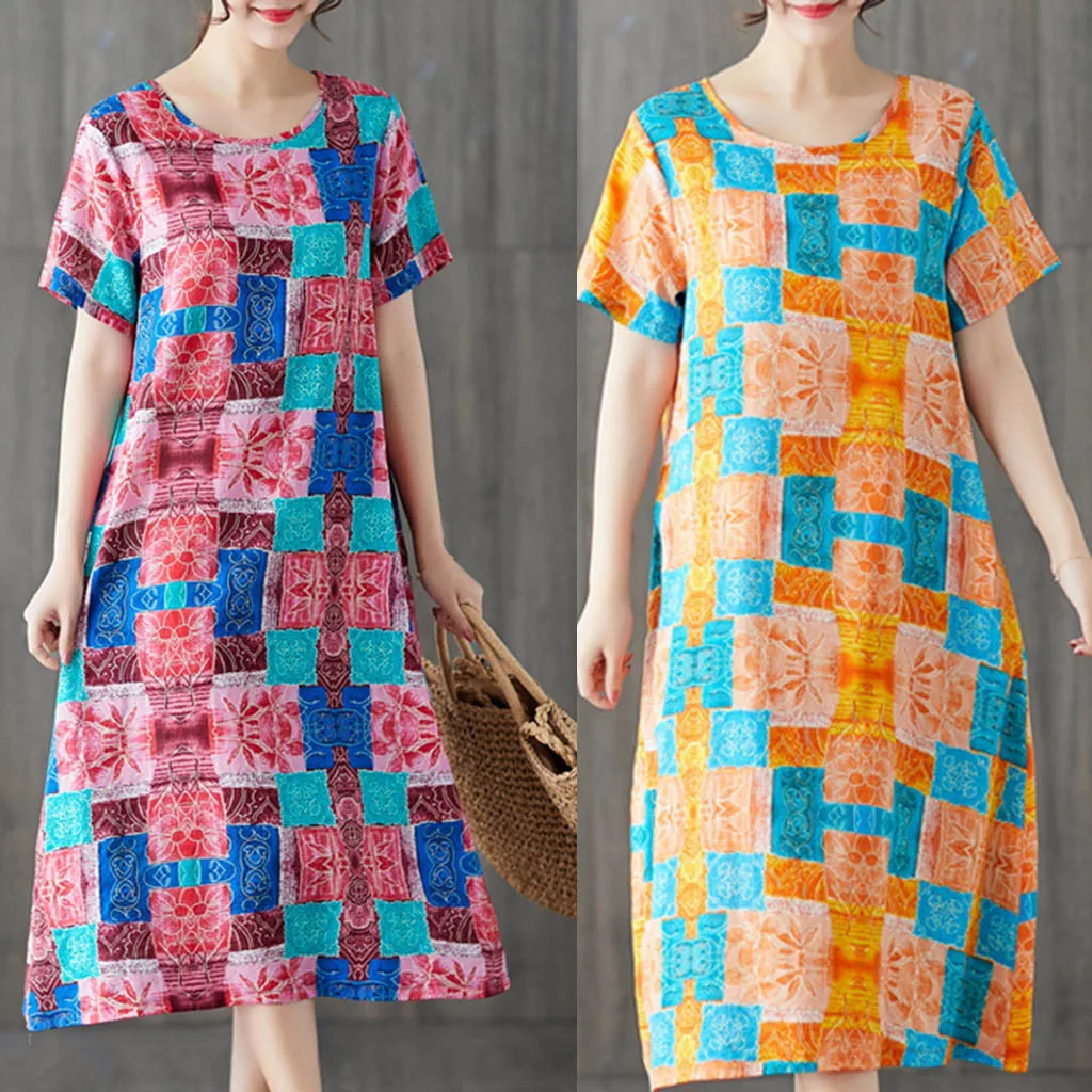 Женское винтажное платье до середины икры Повседневное с коротким рукавом и