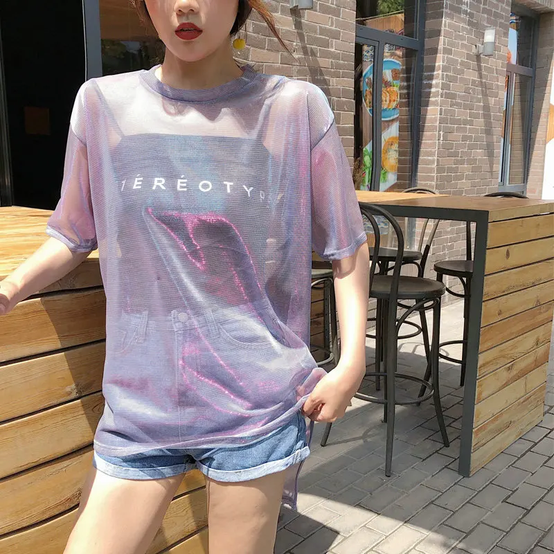 BOBOKATEER Футболка женская футболка Harajuku Лето короткий рукав прозрачный сексуальный