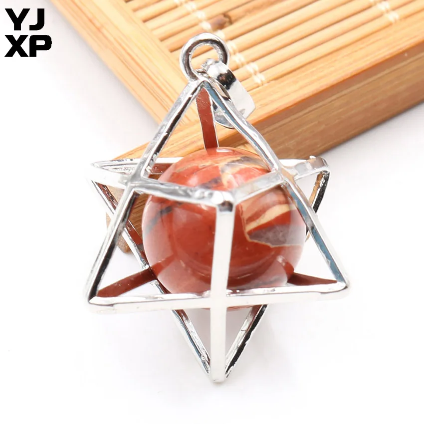 Red Stone 1 шт. Energy Merkaba кулон из натурального камня аметисты Розовый Кварц Круглые бусины рейки колье с целебным кулоном подвесные шармы Ювелирные украшения подарок - Окраска металла: Red Stone