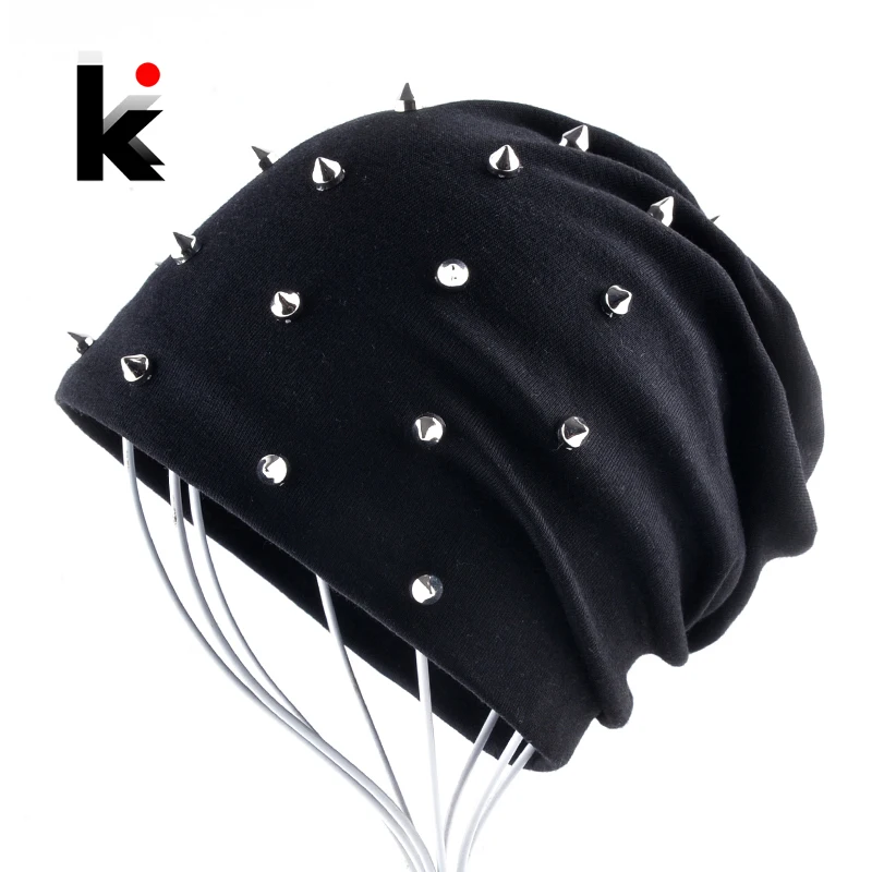 Осенняя шапка бини Женская одноцветная с заклепками шапки женские модная в стиле