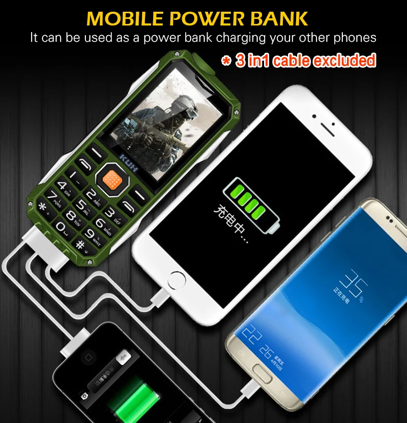 KUH T998 телефон с внешним аккумулятором телефон с двумя sim-картами камера MP3 фонарик ShockproofRugged 2,4 дюймов дешевые мобильные телефоны