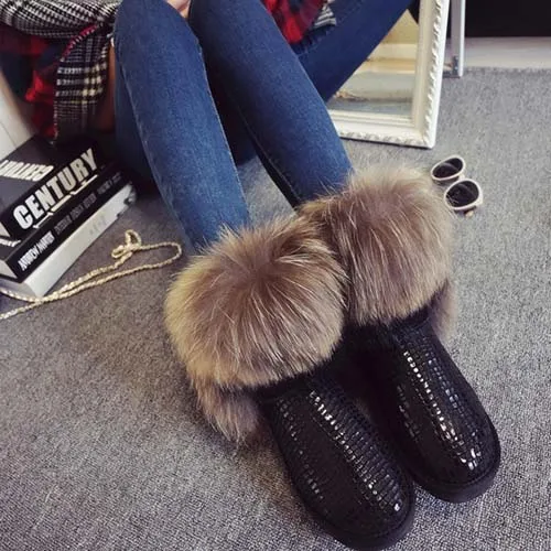 BLACK GRWG/женские зимние ботинки с натуральным лисьим мехом женские ботинки из натуральной кожи женская зимняя обувь - Цвет: BLACK