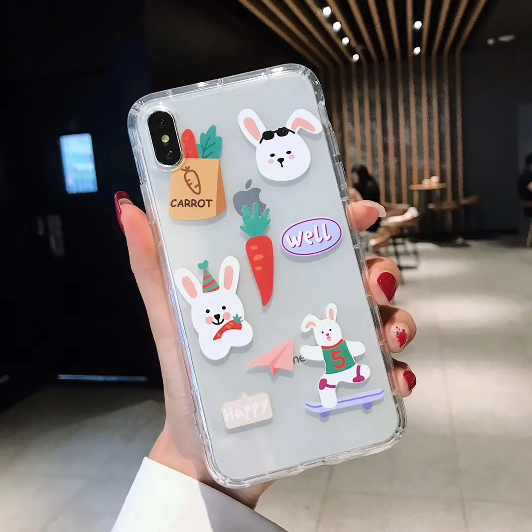 Корейский как стикер мультяшка милый кролик влюбленных чехол для iPhone X XS MAX XR 6 6s 7 8