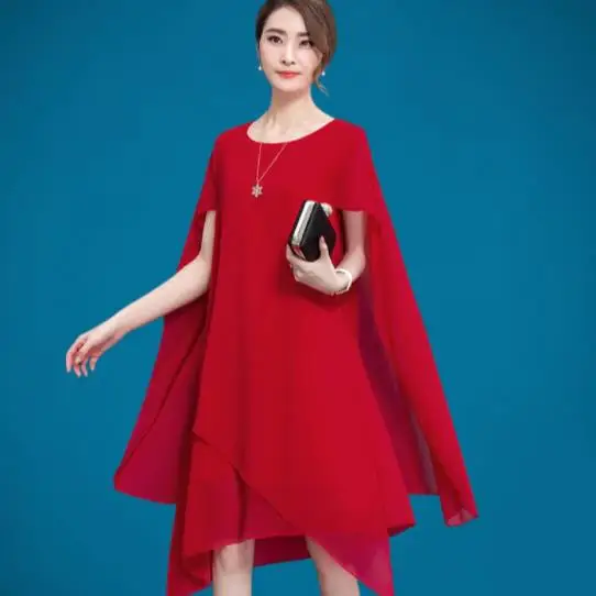 2019 New Summer Chiffon Asymmetric Plus Size Cape Women Dress Short Sleeves Knee Length Dresses Big Party DC980 | Женская одежда