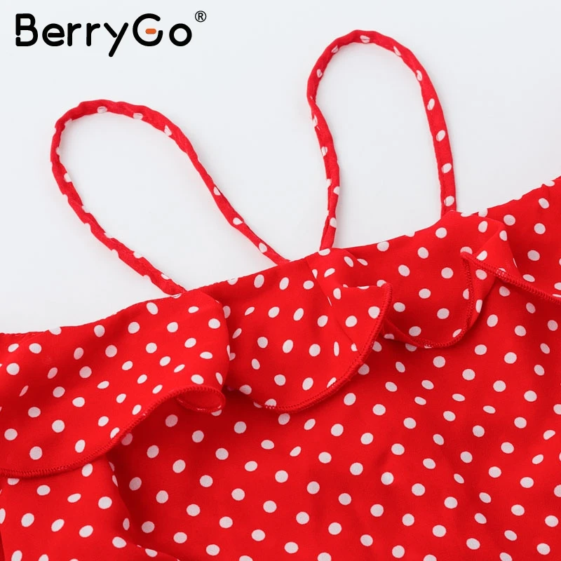 BerryGo с открытыми плечами красный горошек женское платье халат зима рюшами Сплит