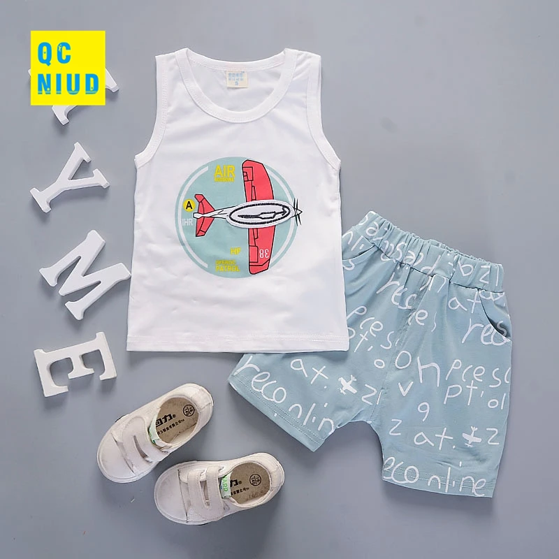 QCNIUD Boys Clothing Sets Summer Children Casual Cotton Vest T-shirt+Shorts Suit Kids Baby Clothes Infants Costume 2 Pieces | Детская
