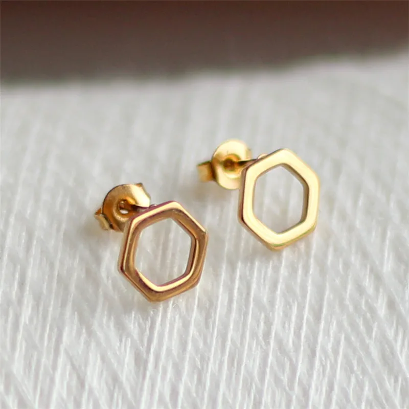 ED019 Titanium 316L Stainless Steel Gold-color IP Planting Stud Earrings Hexagon 8mm No Fade Allergy Free Fashion Jewelry