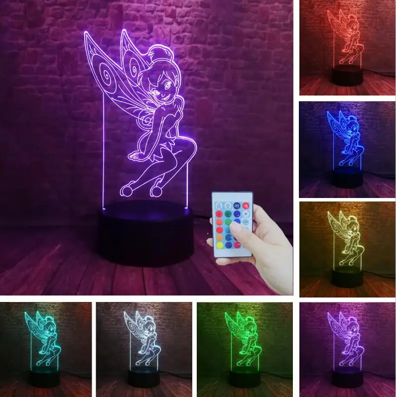 Controller 7 Color Мультфильм 3D редкий Питер Пэн фея Динь Снежинка принцесса Динь-Динь 7 цветов Изменение фигурки RGB Ночной светильник ребенок Gif - Испускаемый цвет: Controller 7 Color