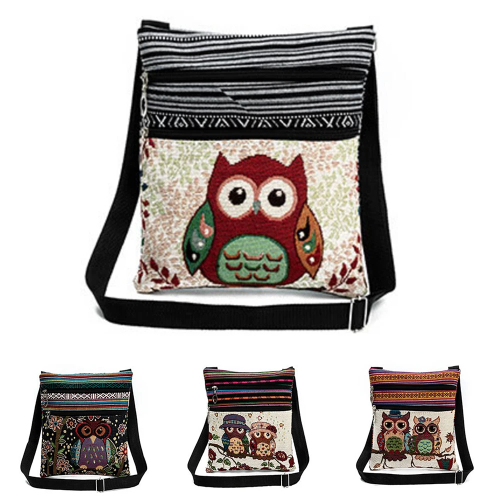 

Women Mini Flap Shoulder Handbags Cartoon Owl Print Messenger Bags Canvas Female Shoulder Bags Double Zipper 1PCS