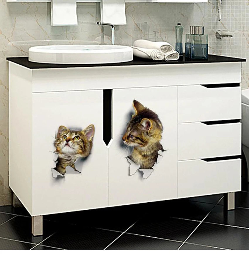 Различные милый котенок Животное мультфильм кошка стикер на стену 3D яркий ребенок детская комната ванная комната декорации пилинг и палка Туалет стикер