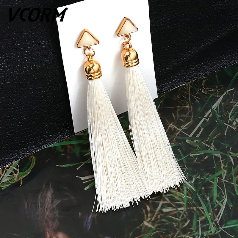 White VCORM, богемные серьги с кисточками и кристаллами, длинные висячие серьги для женщин, красный хлопок, шелк, ткань, бахрома, серьги, Модные женские ювелирные изделия - Окраска металла: White