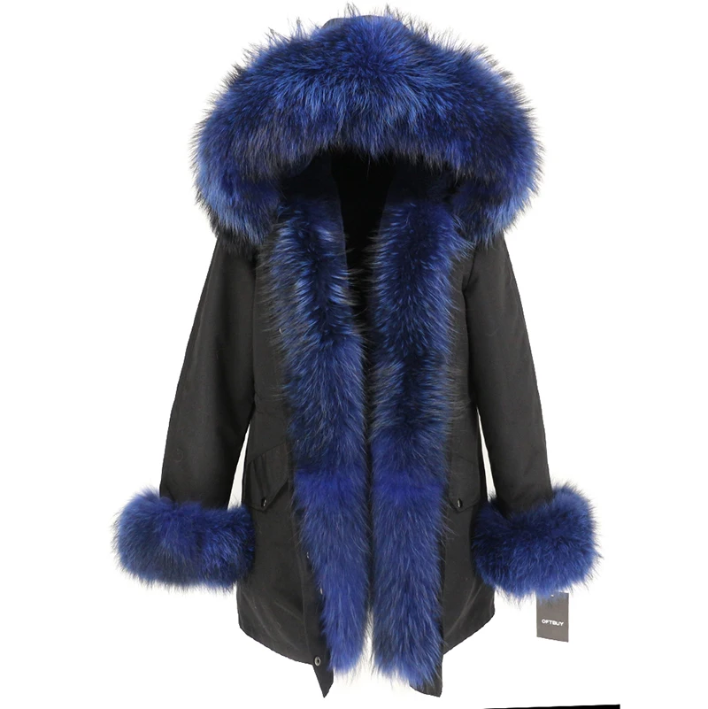 black light blue OFTBUY, пальто с натуральным мехом, зимняя куртка для женщин, натуральный мех енота, капюшон, водонепроницаемая, длинная парка, съемная, уличная одежда, роскошные парки, теплые - Цвет: black light blue