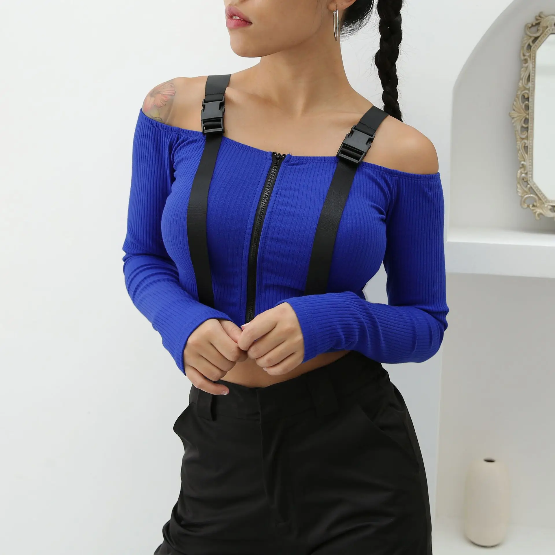 Blue Топы И Футболки, женская футболка с длинным рукавом, короткий топ, корейская мода, стильный женский вязаный хлопковый черный сексуальный короткий топ - Цвет: Blue