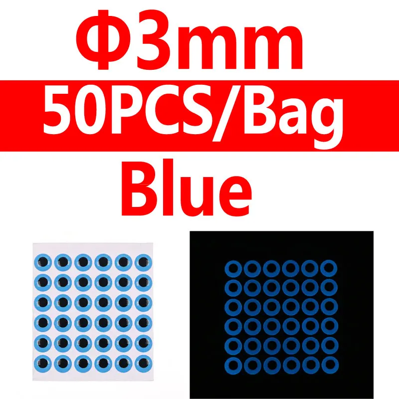 3mm blue 50pcs Bimoo 50 шт. светится в темноте 3D рыбные глаза мухобойка морские рыболовные Джиги ночная рыбалка приманка аксессуары светящийся материал - Цвет: 3mm blue 50pcs