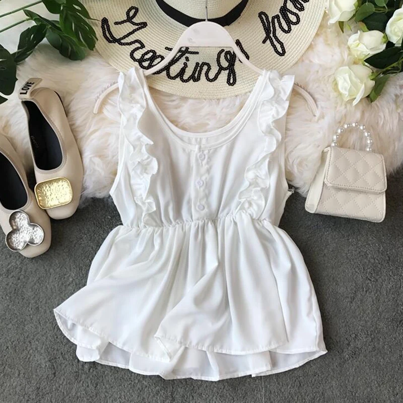2019 Chiffon vest summer Fashion Leisure loose Shirts sleeveless Elastic waist Round neck Elegant Blouse aa992 | Женская одежда