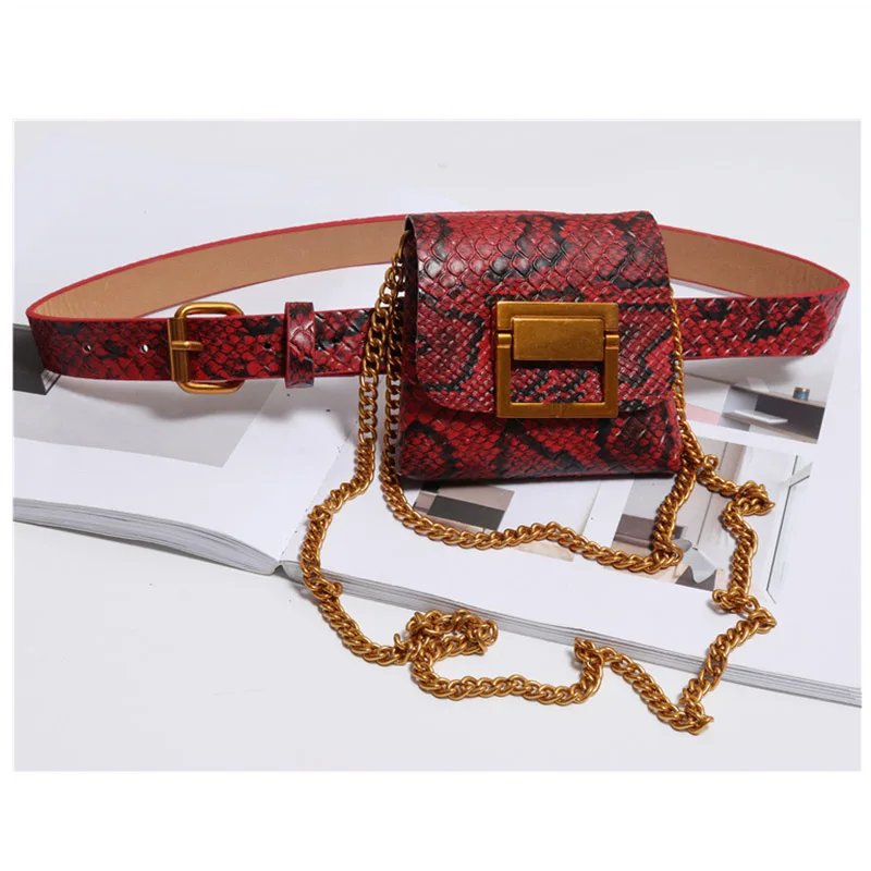 Red waist bag Мини поясная сумка в стиле ретро, женская маленькая сумка из змеиной кожи с металлической пряжкой, поясная сумка с двойной цепочкой двойного назначения для женщин 022801 - Цвет: Red waist bag