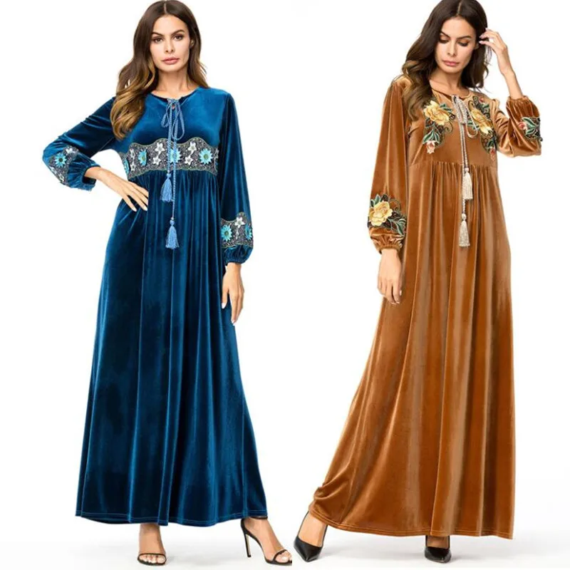 Vestidos кафтан арабский абайя Дубай бархат хиджаб с вышивкой мусульманское платье