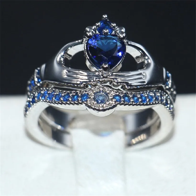 Claddagh набор свадебных колец в форме сердца синего цвета 5А с циркониевой короной