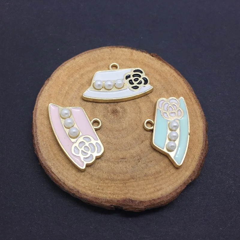 5pcs/lot Enamel Flower Hat Shape Charms Alloy Metal Imitation Pearl Pendants for Jewelry Makings DIY Necklace Bracelet | Украшения и